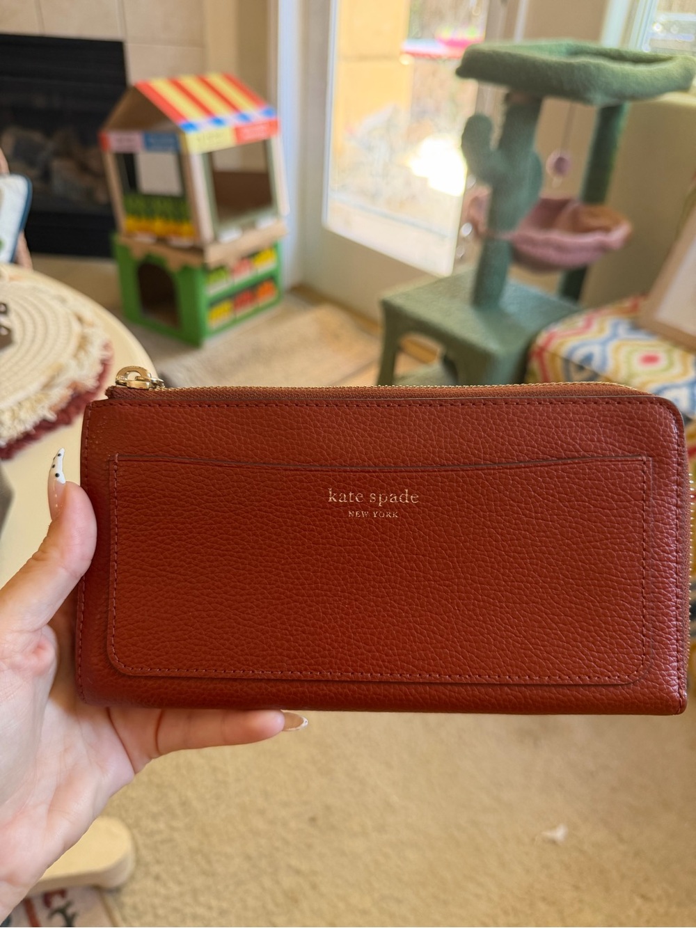 Kate Spade Leather Zip Wallet in Cognac Brown with Gold Hardware